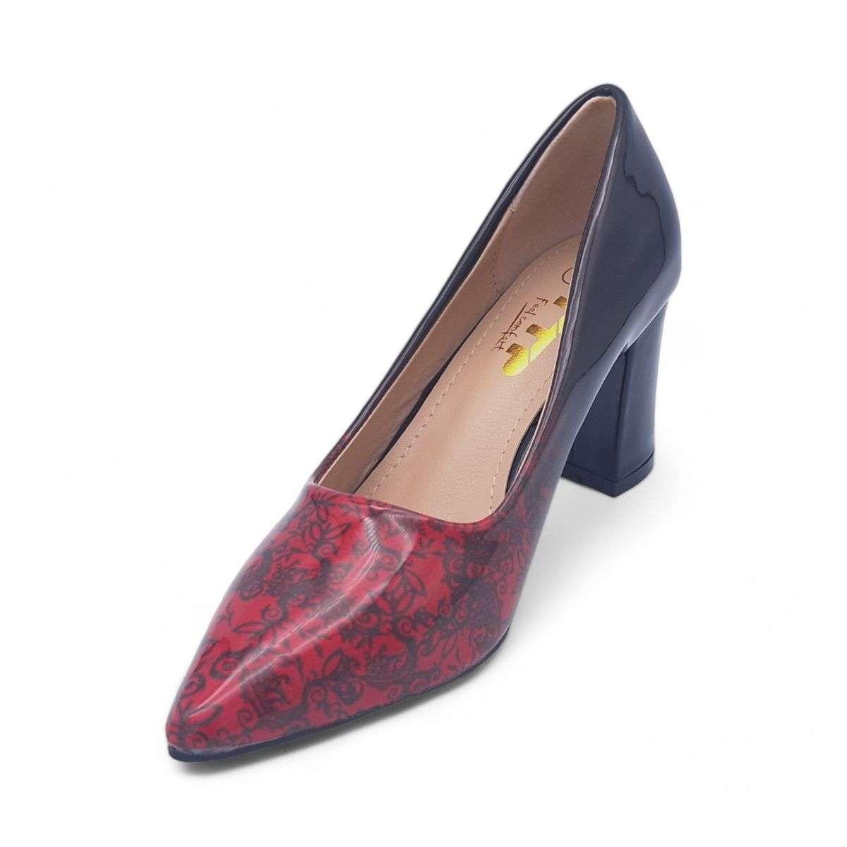 TTP Sleek Patent Block Heel Point Toe Heels with Flower Print JSF70-1