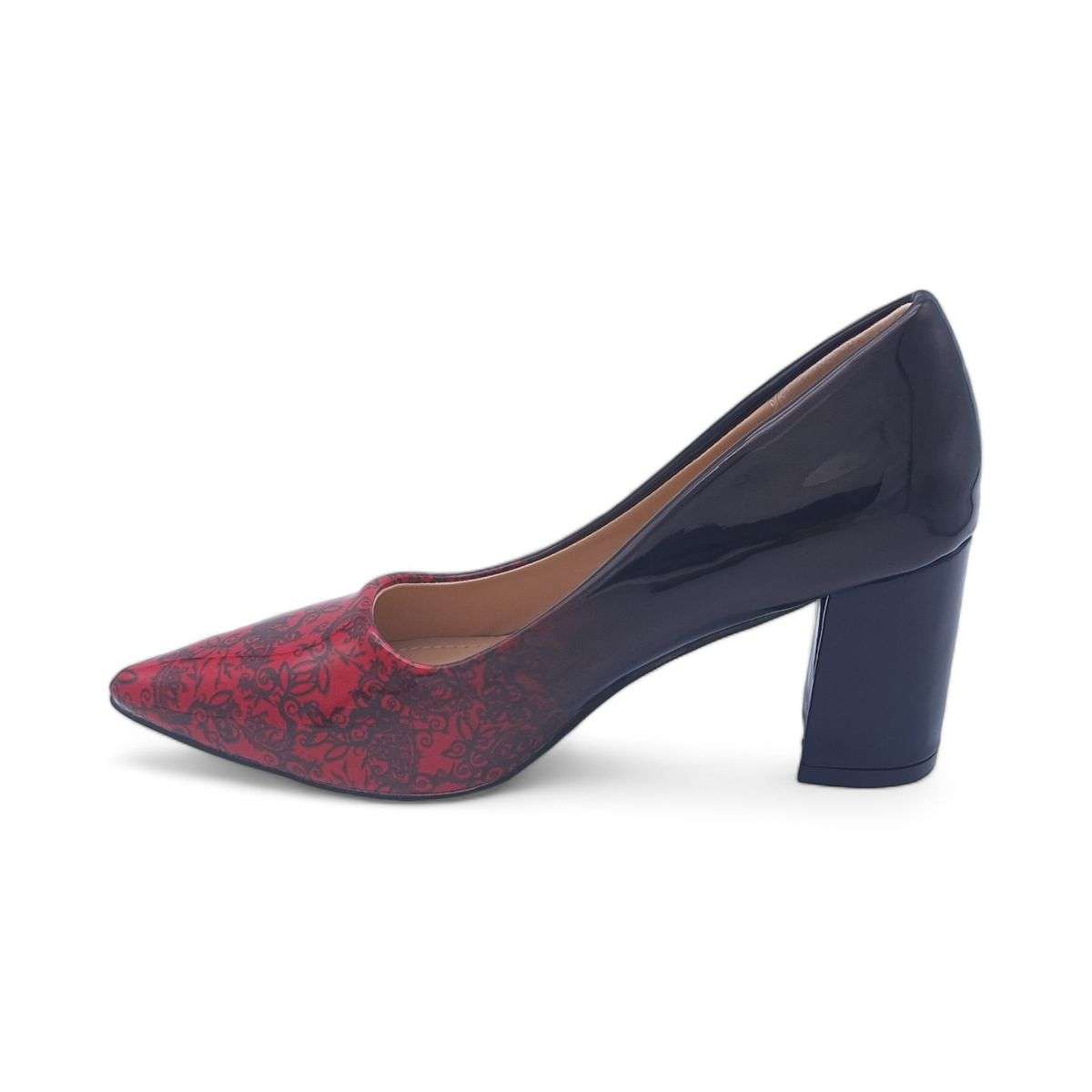 TTP Sleek Patent Block Heel Point Toe Heels with Flower Print JSF70-1