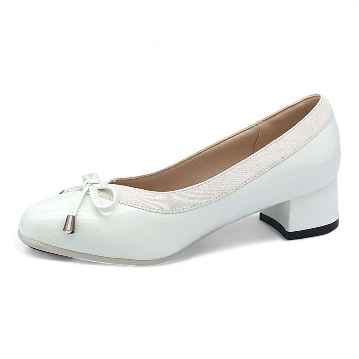 TTP Ladies Patent Court Heel Elasticated Top Line & Ribbon Decor HT7808-2