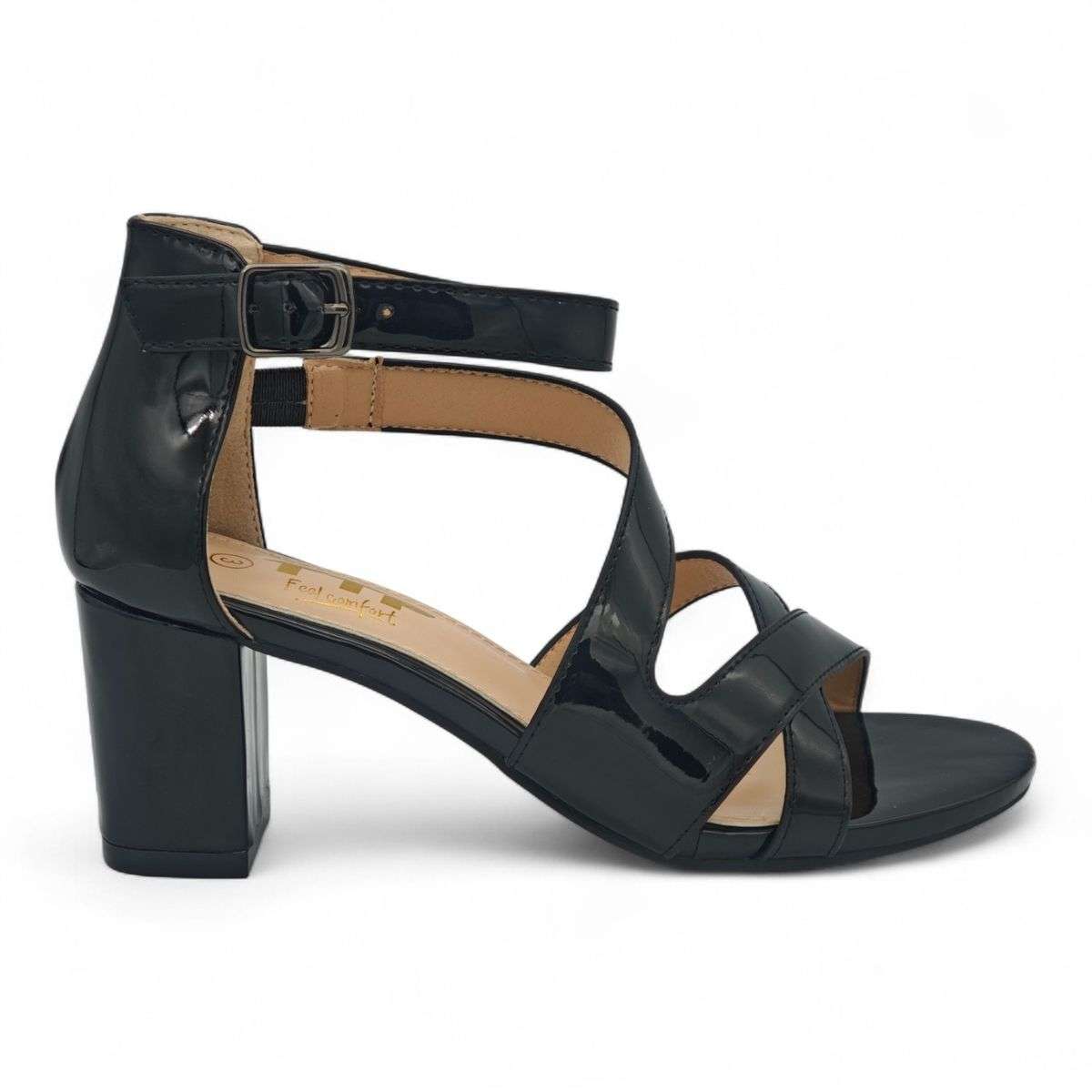 Patent TTP Block-Heel Sandal with Crisscross Straps JSF142