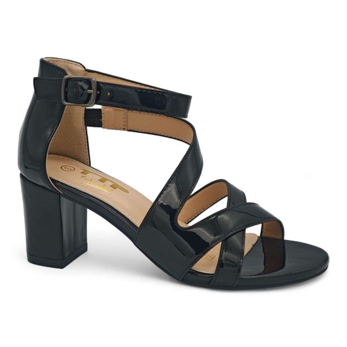 Patent TTP Block-Heel Sandal with Crisscross Straps JSF142