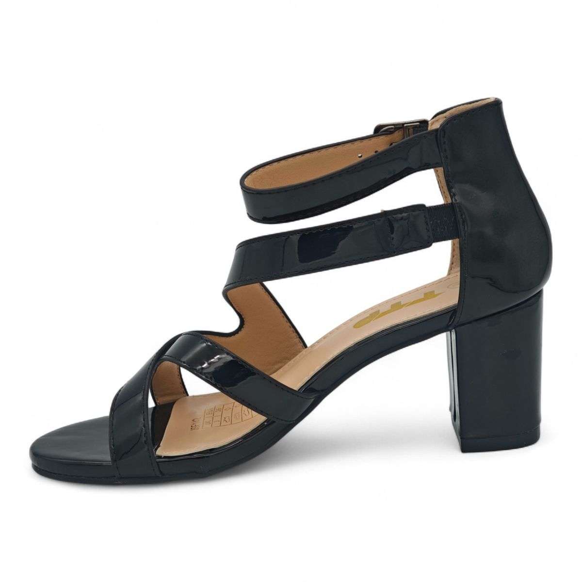 Patent TTP Block-Heel Sandal with Crisscross Straps JSF142