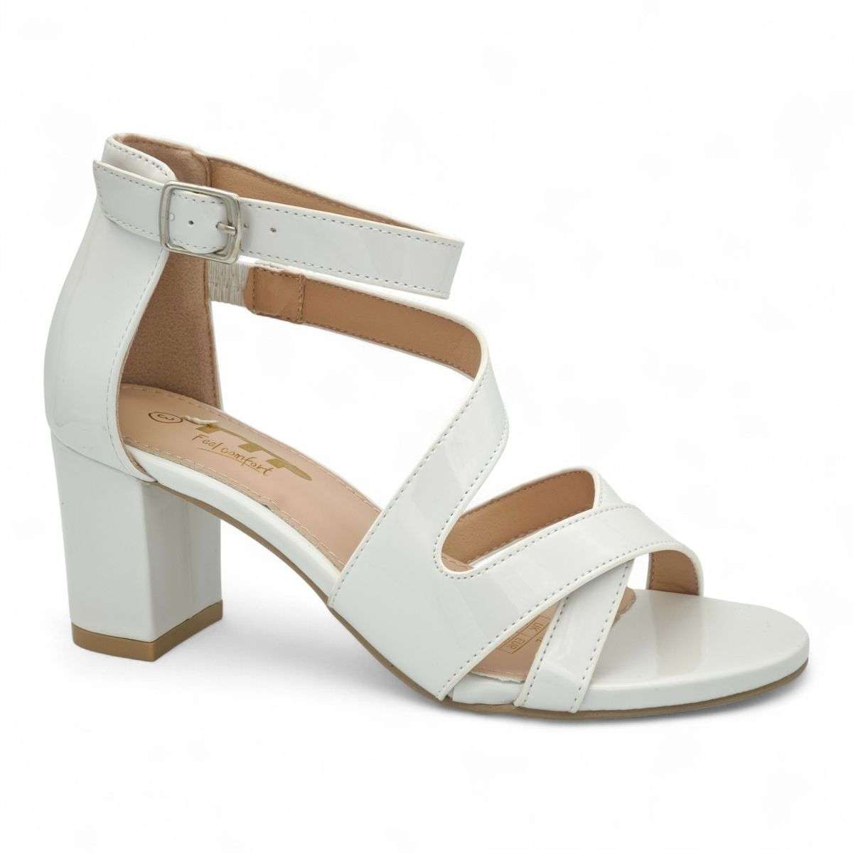 Patent TTP Block-Heel Sandal with Crisscross Straps JSF142