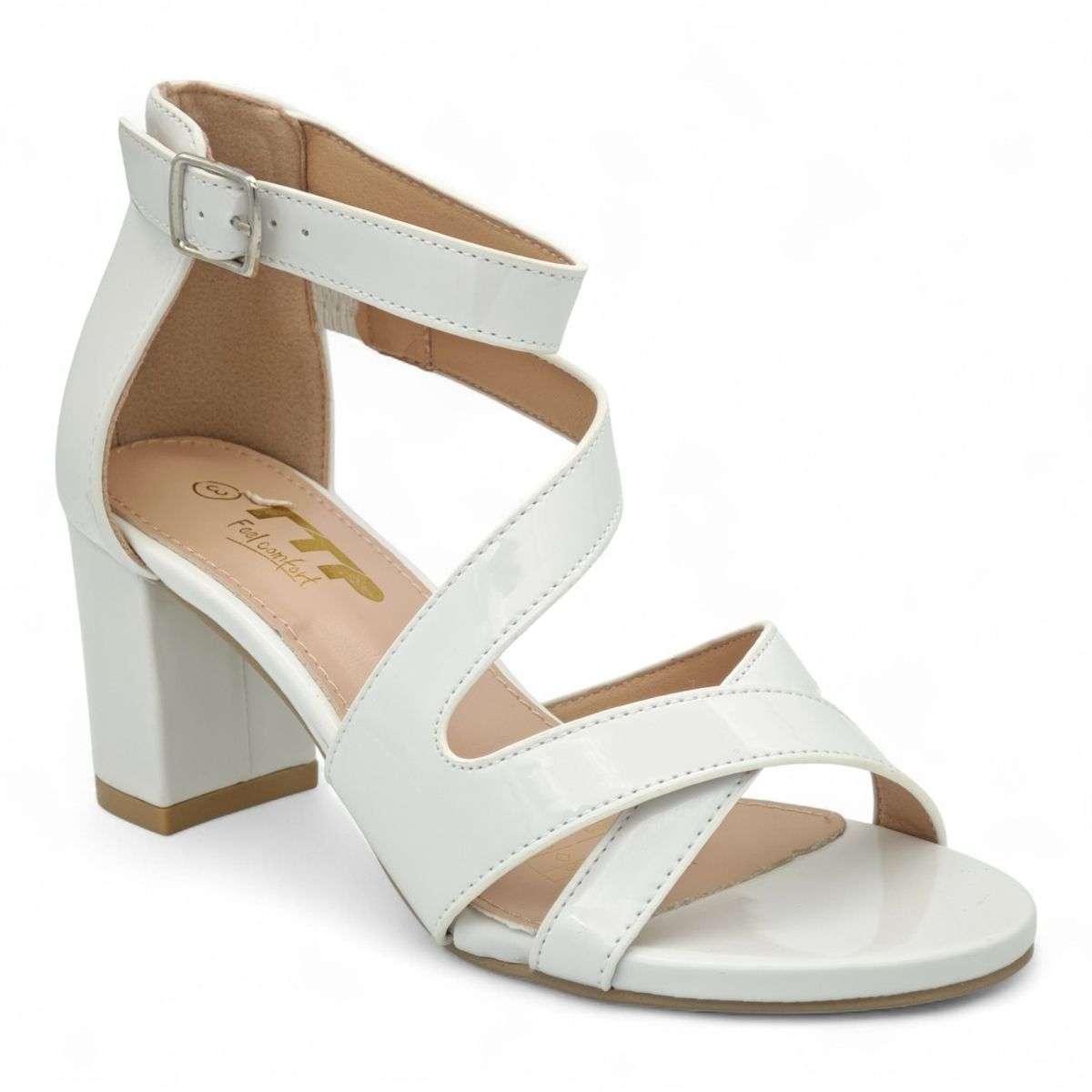 Patent TTP Block-Heel Sandal with Crisscross Straps JSF142