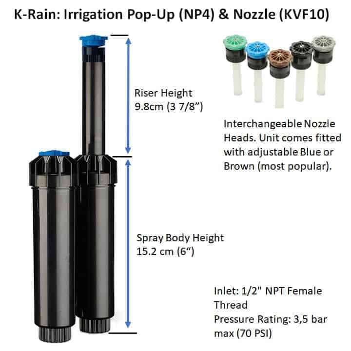 Irrigation Sprinkler Pop-Up & Nozzle | K-RAIN NP4 + KVF10 | 6m Diameter Spray, 25cm height