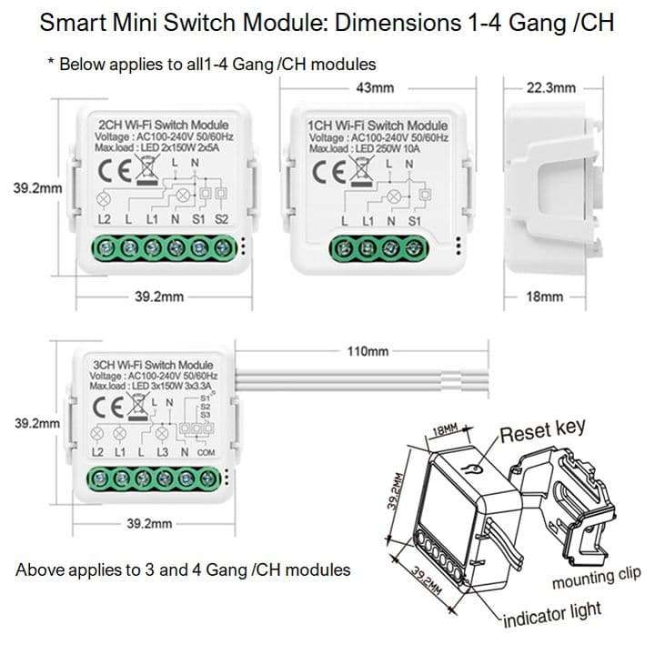 Smart Mini Switch Module 3 Gang 2 Way (Upgrade Existing + Override) | WiFi Tuya Smart Life