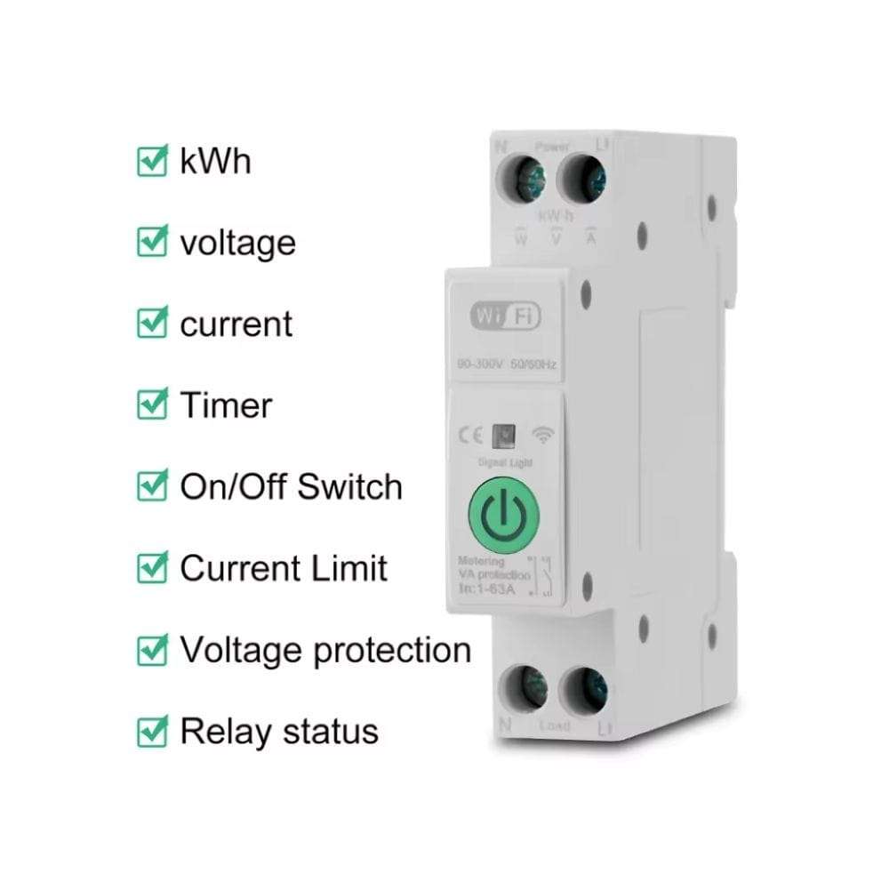Smart Switch Din Rail | 1 Pole Breaker, 1- 63A adjustable 230VAC | Energy Meter | WiFi Tuya