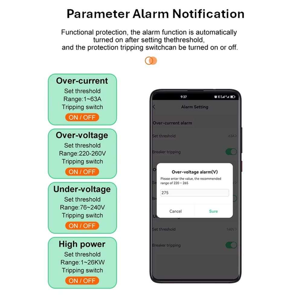 Smart Switch Din Rail | 1 Pole Breaker, 1- 63A adjustable 230VAC | Energy Meter | WiFi Tuya