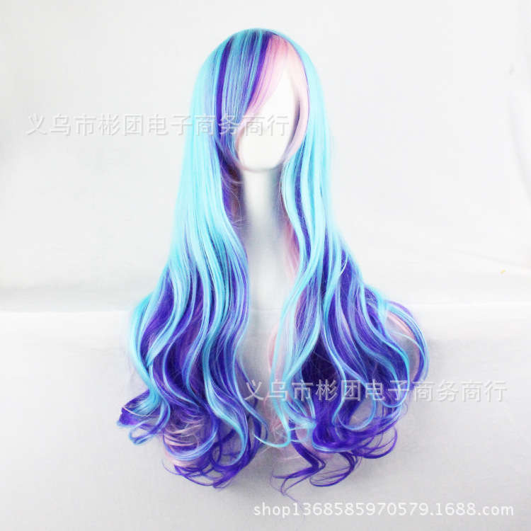 Long Wavy Cosplay Wigs Fake Bangs Blue  Women Wig Heat Resistant Synthetic Hair