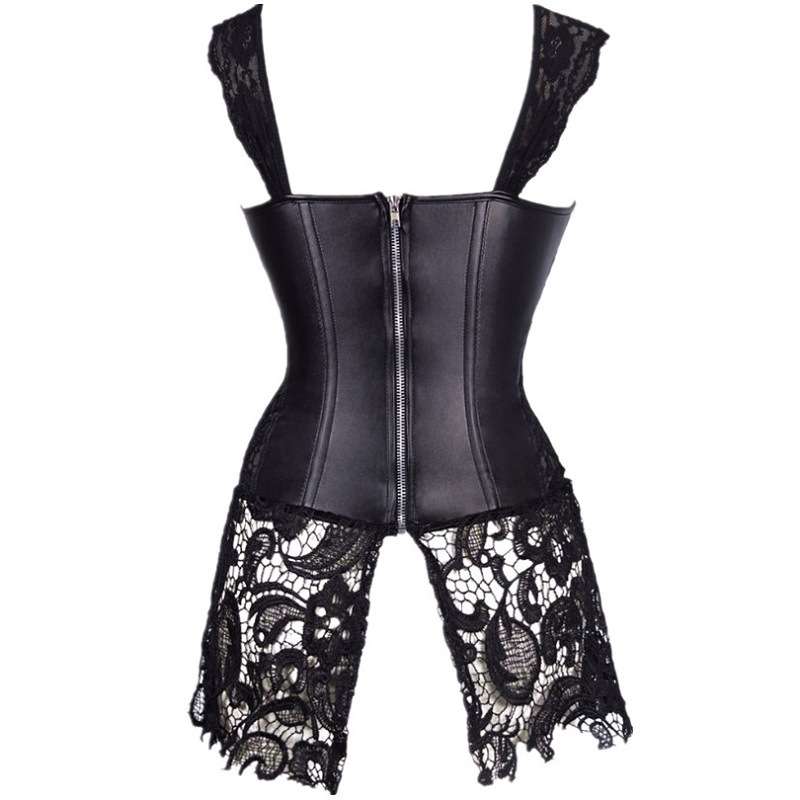 Sexy Lace Patchwork Leather Corset Shapewear Plus Size Bodysuit Steampunk