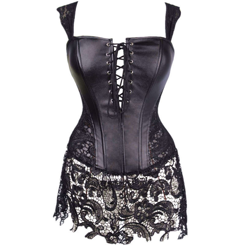 Sexy Lace Patchwork Leather Corset Shapewear Plus Size Bodysuit Steampunk