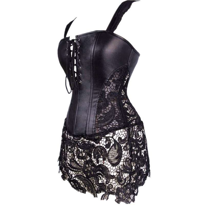 Sexy Lace Patchwork Leather Corset Shapewear Plus Size Bodysuit Steampunk