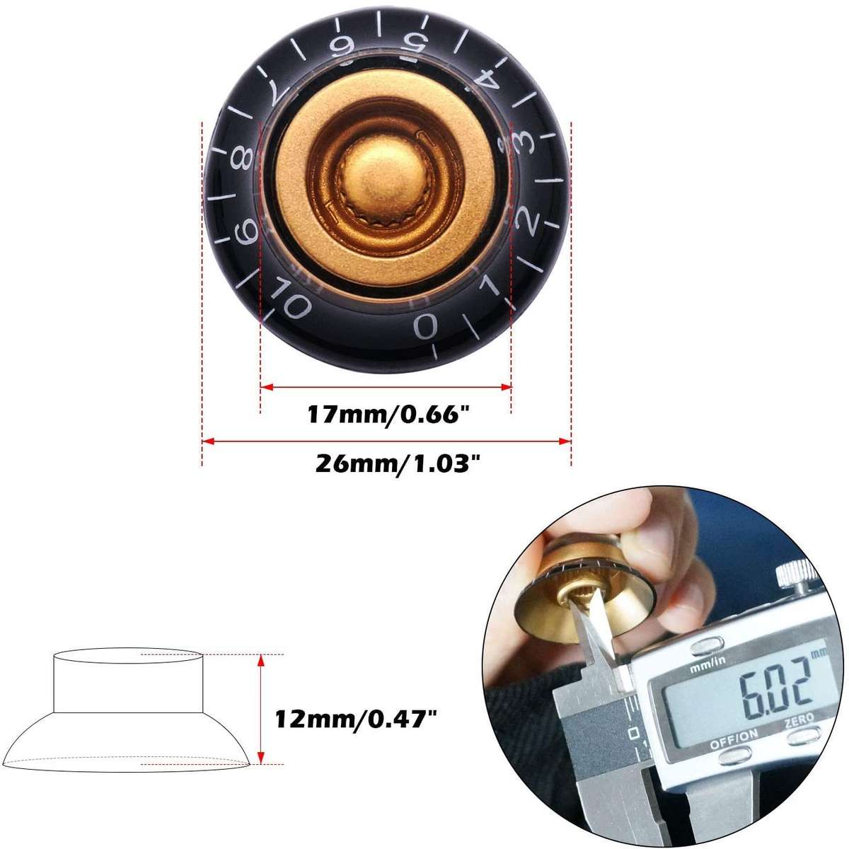 Black/Gold Gibson Top Hat style replacement knob - SINGLE