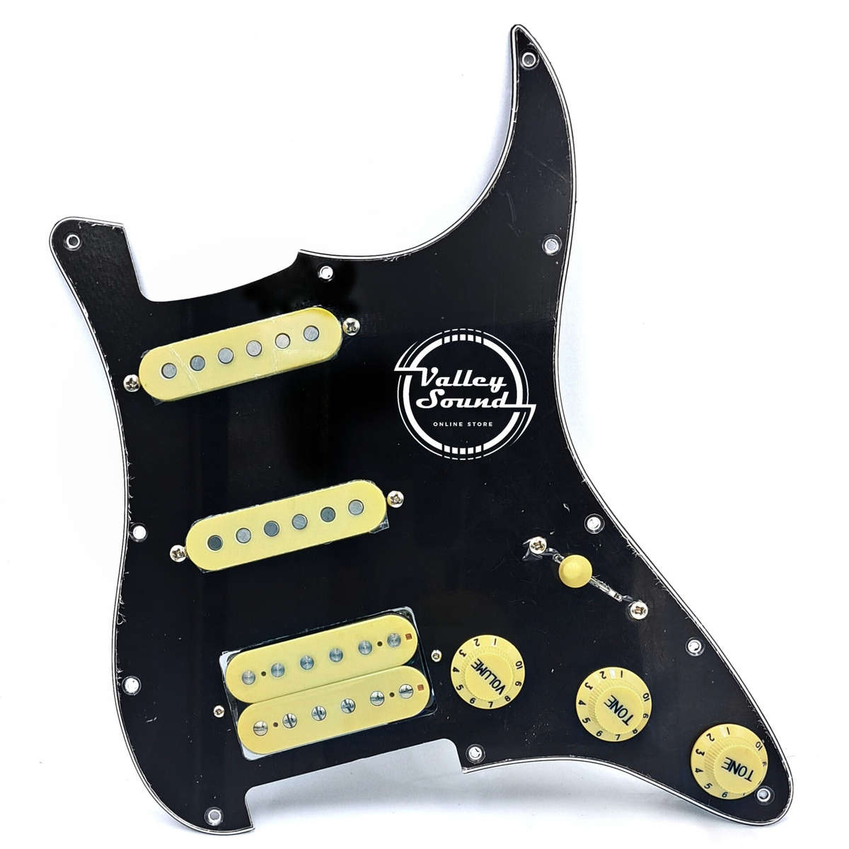HSS Prewired Pickguard Loaded with Vintage pro Pickups and Auto Coil Split- Black with Ivory