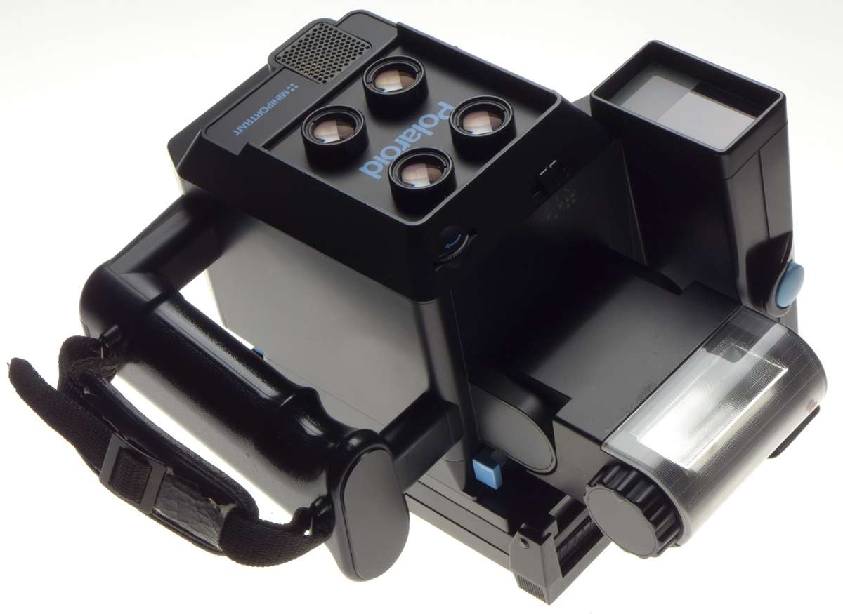 POLAROID MINIPORTRAIT instant camera shoots 4 shots at once with Pol back, flash, grip, finder - Pol