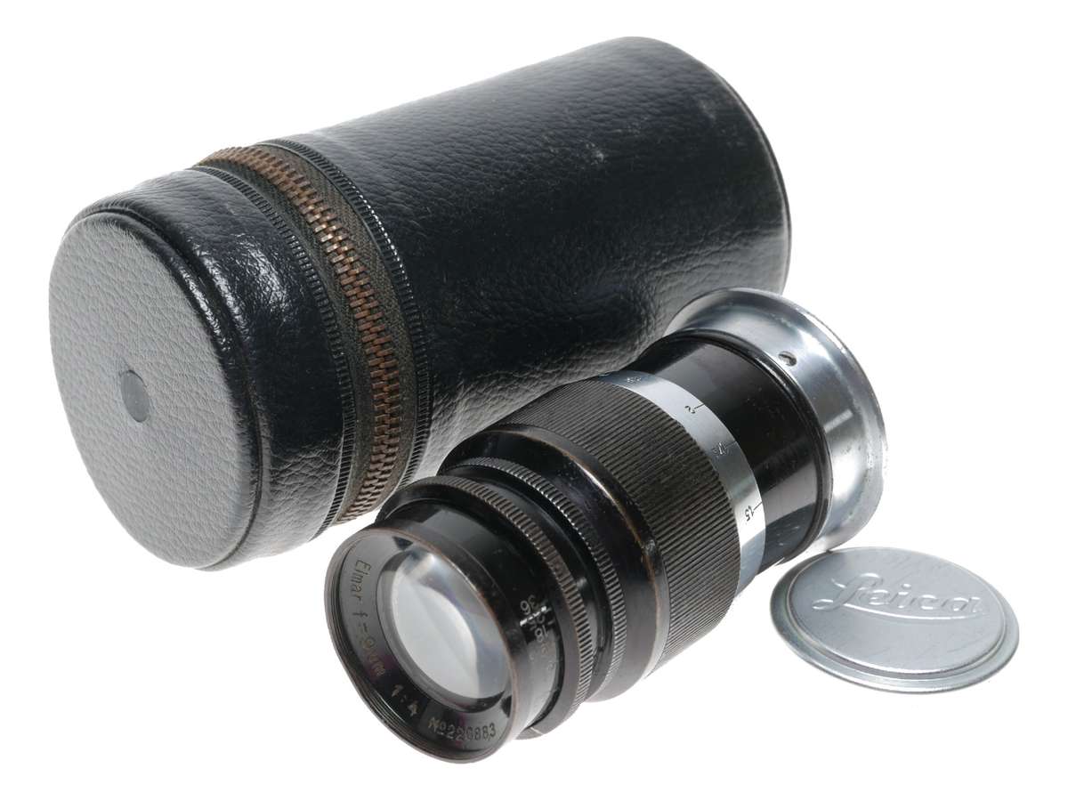 Elmar f=9cm 1:4 black Leitz Wetzlar black silver M39 screw mount lens