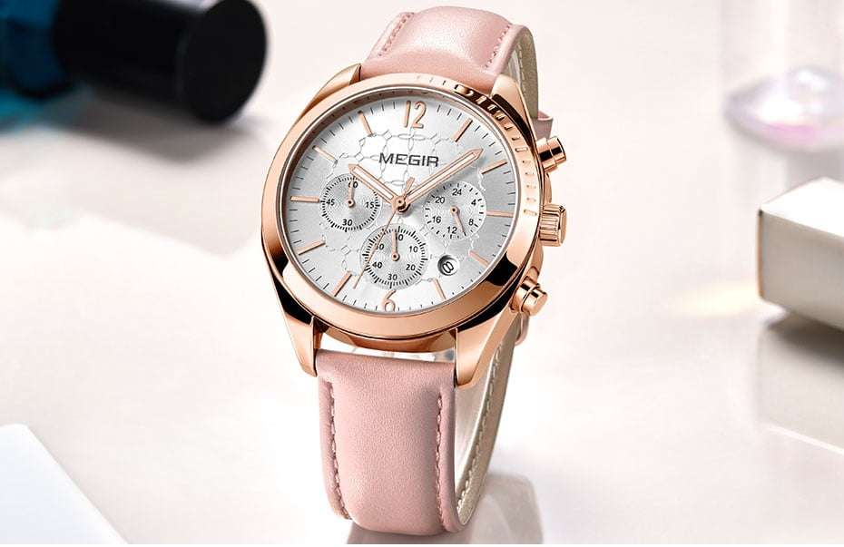 Megir 2115 Womens Chronograph Genuine Leather Watch - Pink
