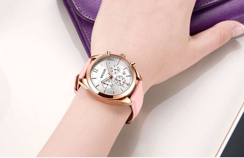 Megir 2115 Womens Chronograph Genuine Leather Watch - Pink