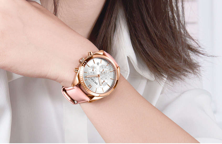 Megir 2115 Womens Chronograph Genuine Leather Watch - Pink