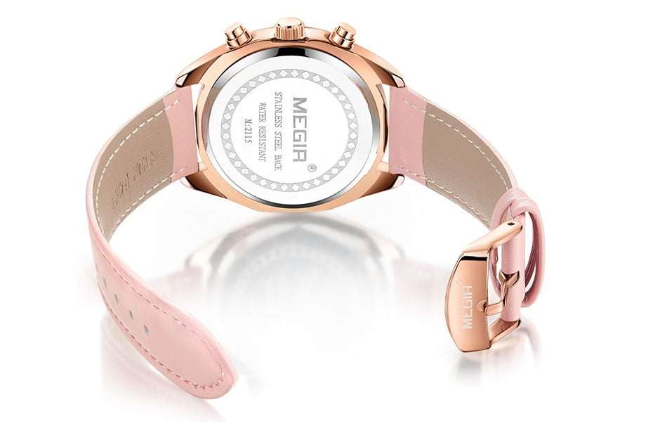 Megir 2115 Womens Chronograph Genuine Leather Watch - Pink