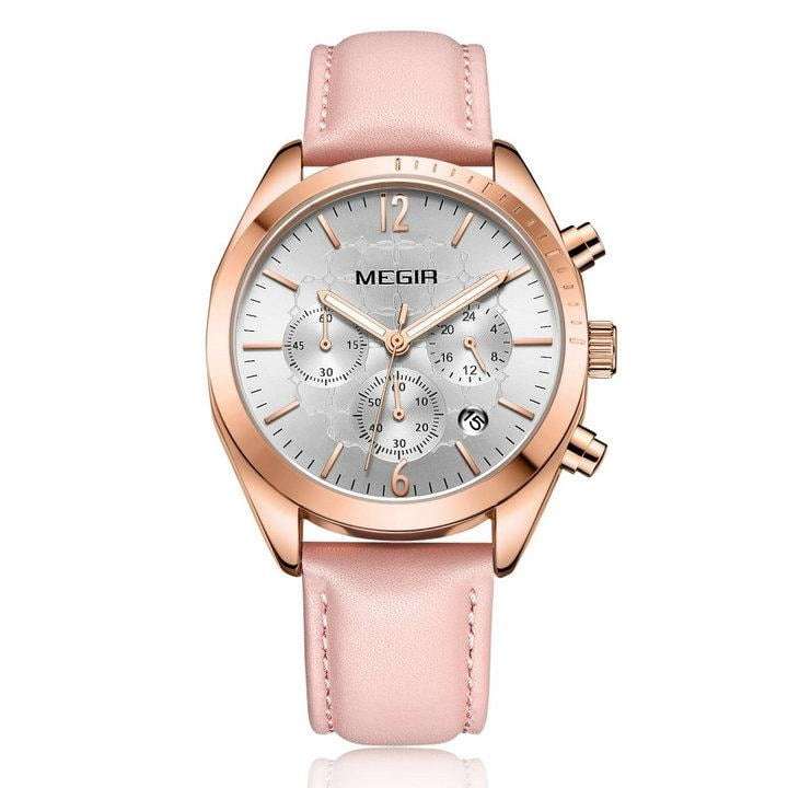 Megir 2115 Womens Chronograph Genuine Leather Watch - Pink