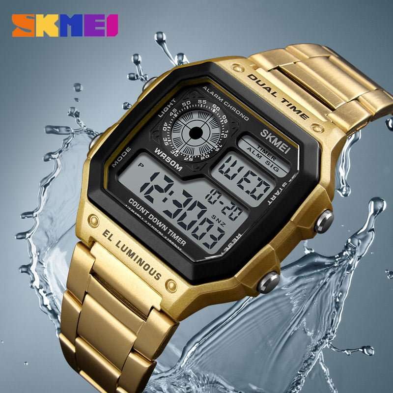 SKMEI 1335 Mens Stainless Steel Digital Watch - Gold