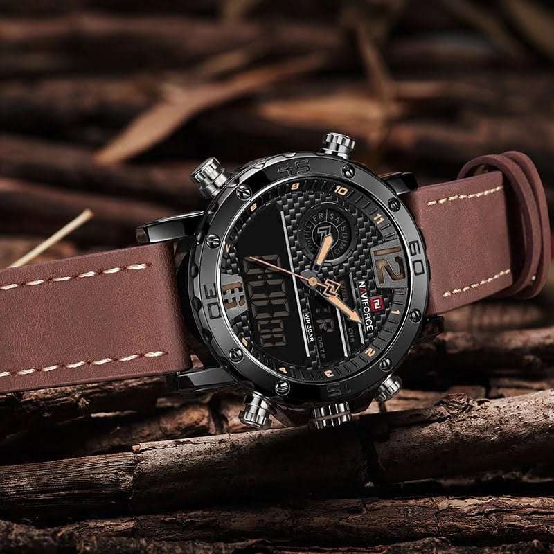 Naviforce 9134 Mens Digital/Analog Genuine Leather Watch - Brown