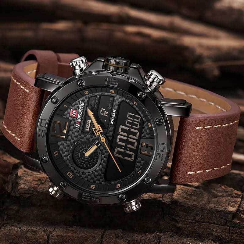 Naviforce 9134 Mens Digital/Analog Genuine Leather Watch - Brown