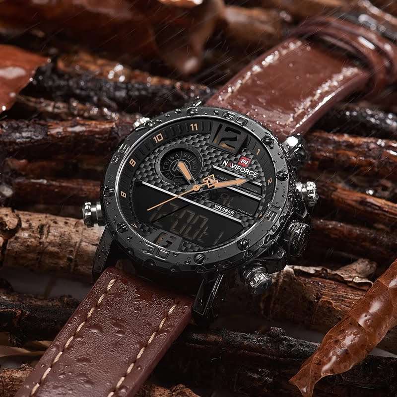 Naviforce 9134 Mens Digital/Analog Genuine Leather Watch - Brown