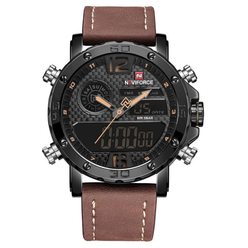 Naviforce 9134 Mens Digital/Analog Genuine Leather Watch - Brown