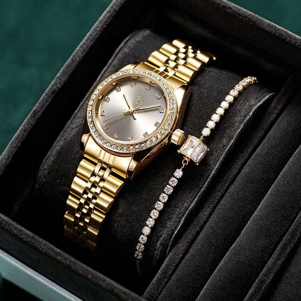 Shengke K0156 Jewelry Set (Earings, Necklace & Bracelet) - Gold