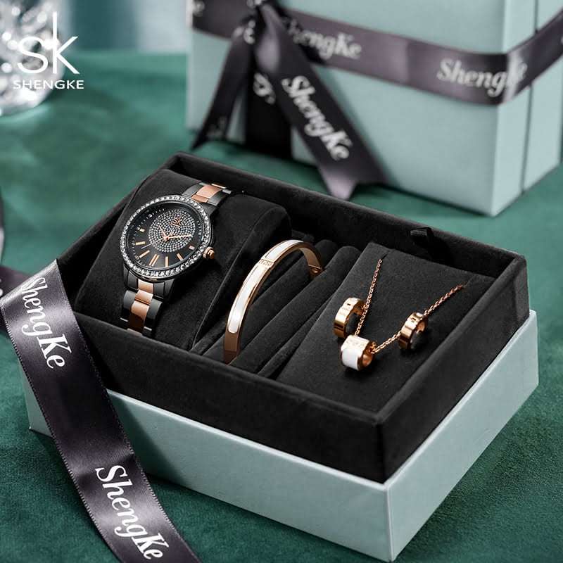 Shengke K0075 Jewelry Set (Earings, Bracelet & Necklace) - Black