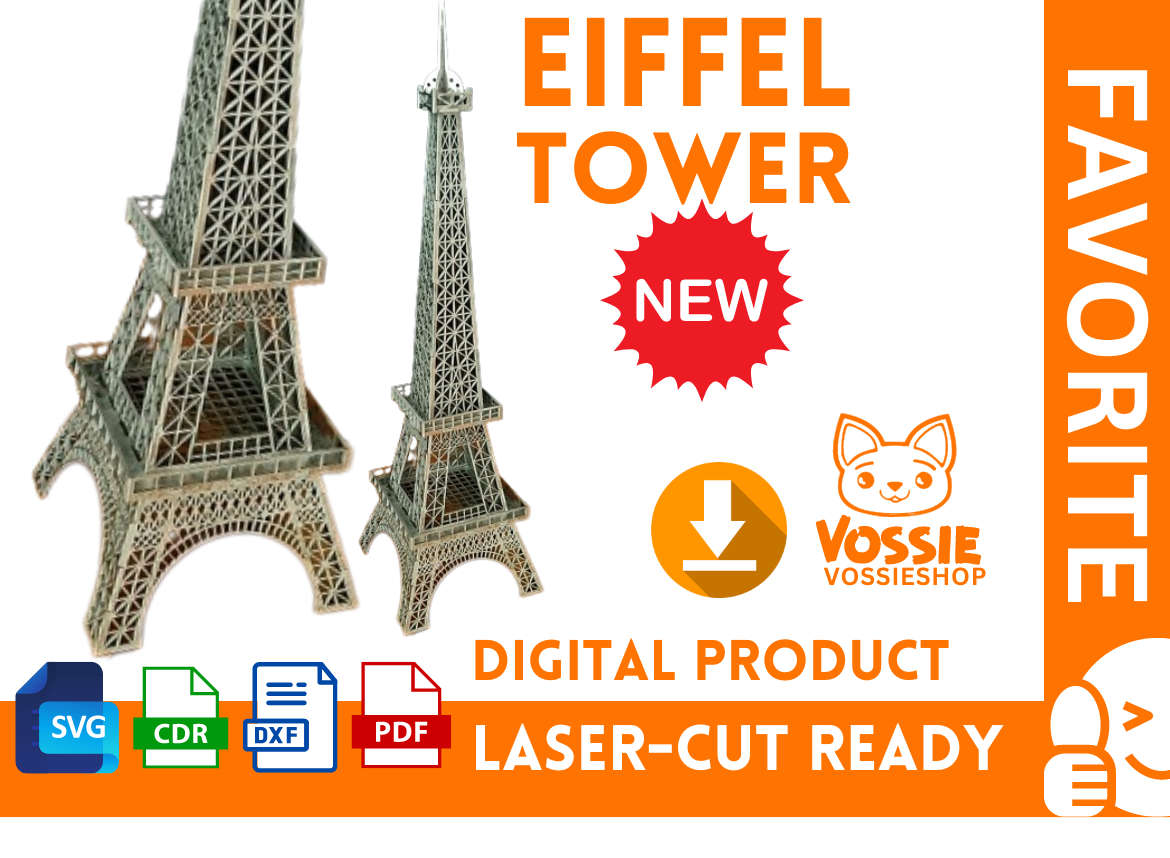 Eiffel Tower Laser-Cut Digital Design | SVG, Dxf, CDR, Pdf | 3mm Thickness | Standard 50cm x 30cm...