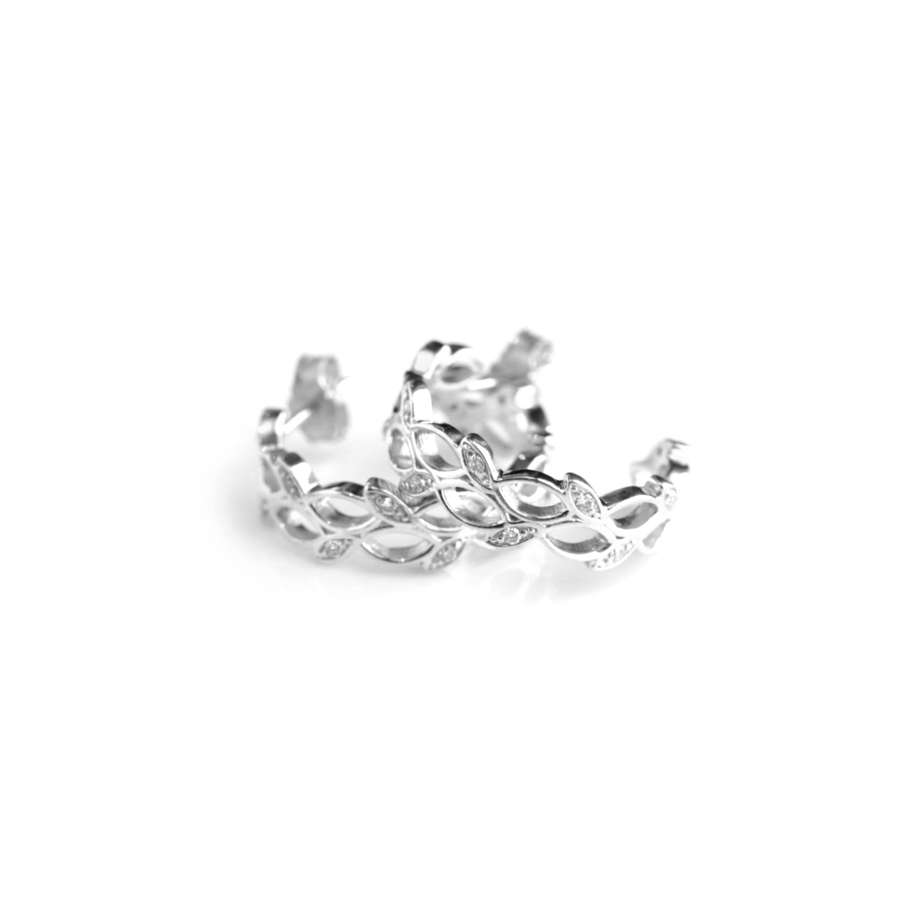 Diamond Leaf Hoop Earrings - Sterling-silver