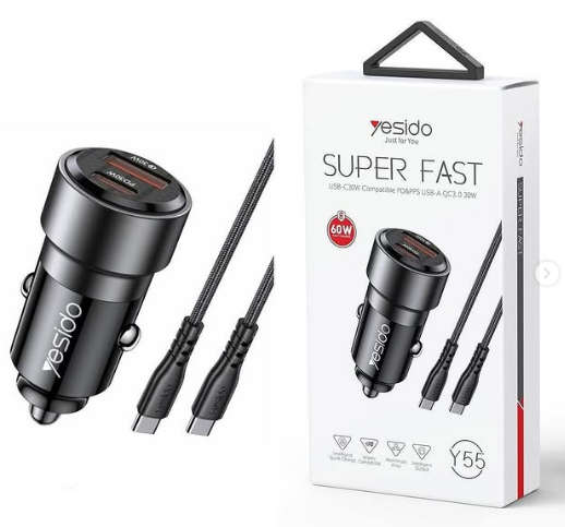 Yesido Super Fast Charging 60W Car Charger With Dual USB Type-C Cable - Y55