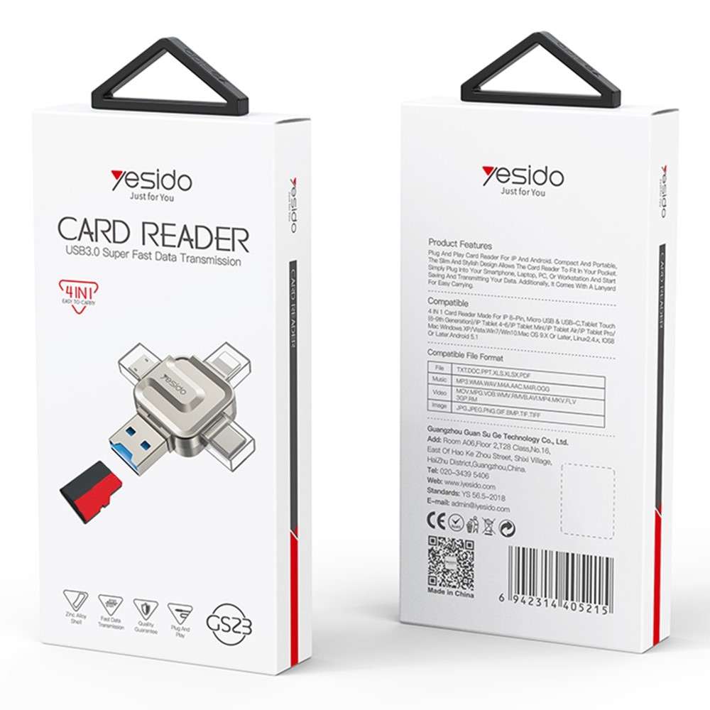 YESIDO GS23 USB 3.0 High Speed Card Reader 4 in 1 TF Card Reader Portable Memory Card Adapter