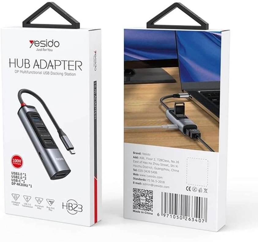 YESIDO HB23 5-in-1 Type-C Hub Adapter Multi Port USB-C Docking Station with USB3.0+2 USB2.0+DP+PD...
