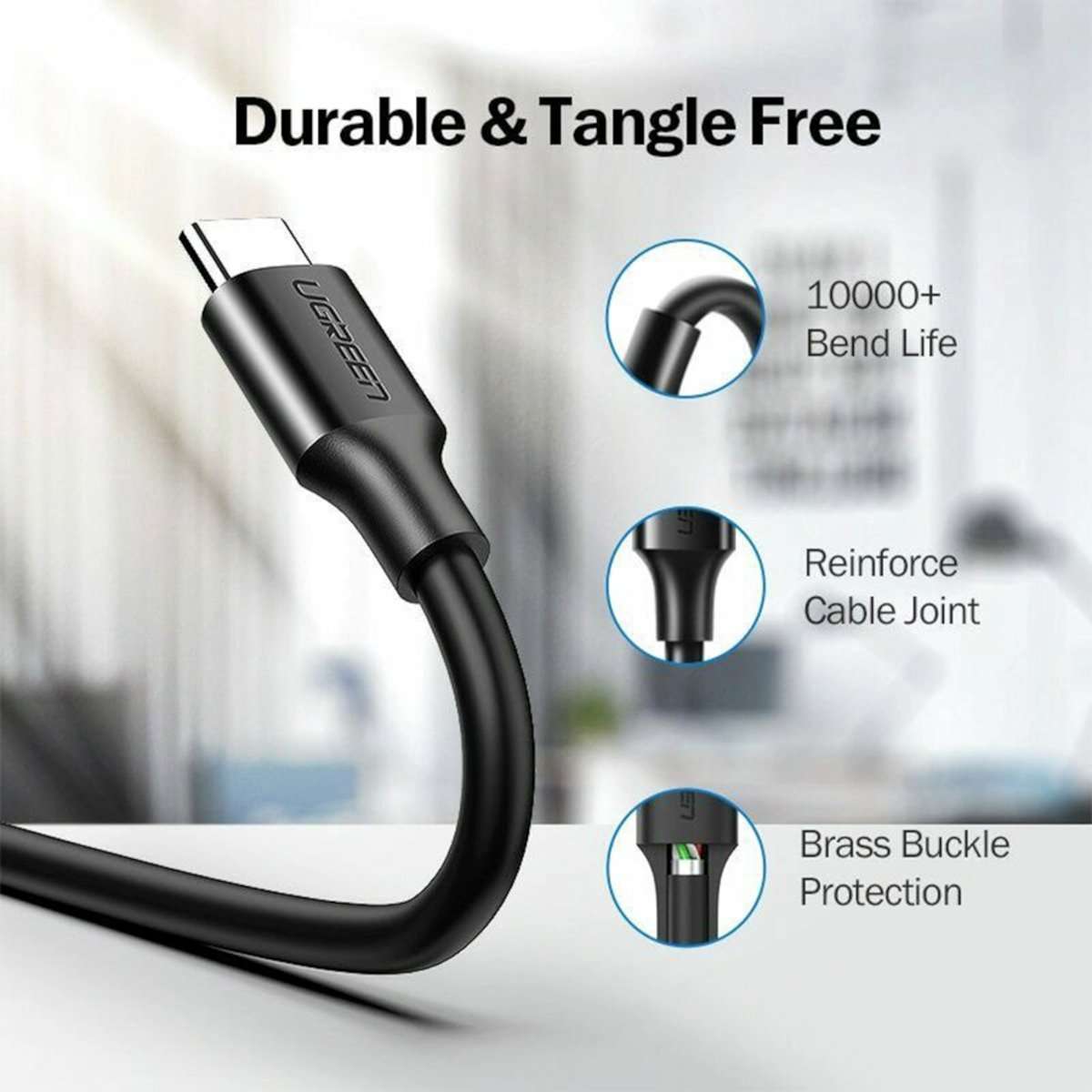 UGREEN Type-C to USB 3.0 Cable 2m  Fast Charging 3A, 5Gbps Sync  Black