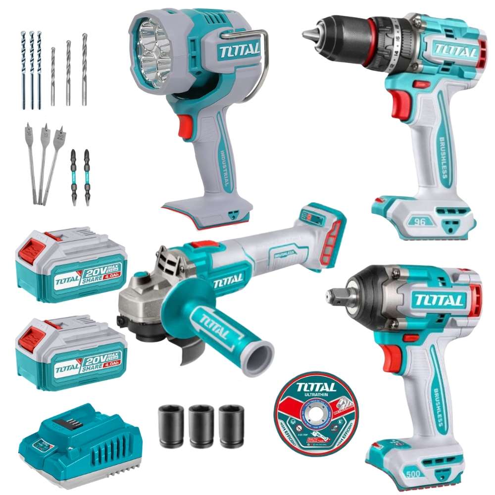 Total Tools - Cordless Impact Drill, Impact Wrench, Angle Grinder &amp; Lamp