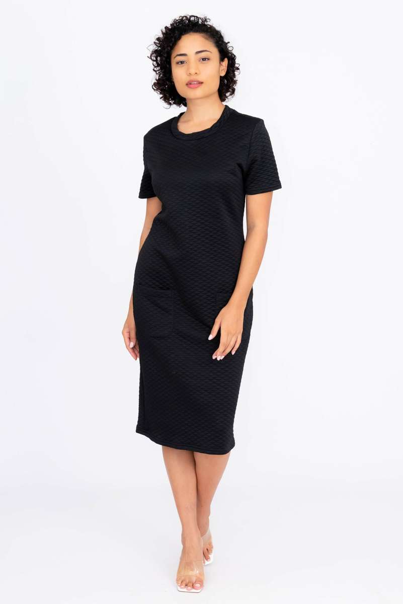 Short Sleeve Textured Black Dress With Pockets