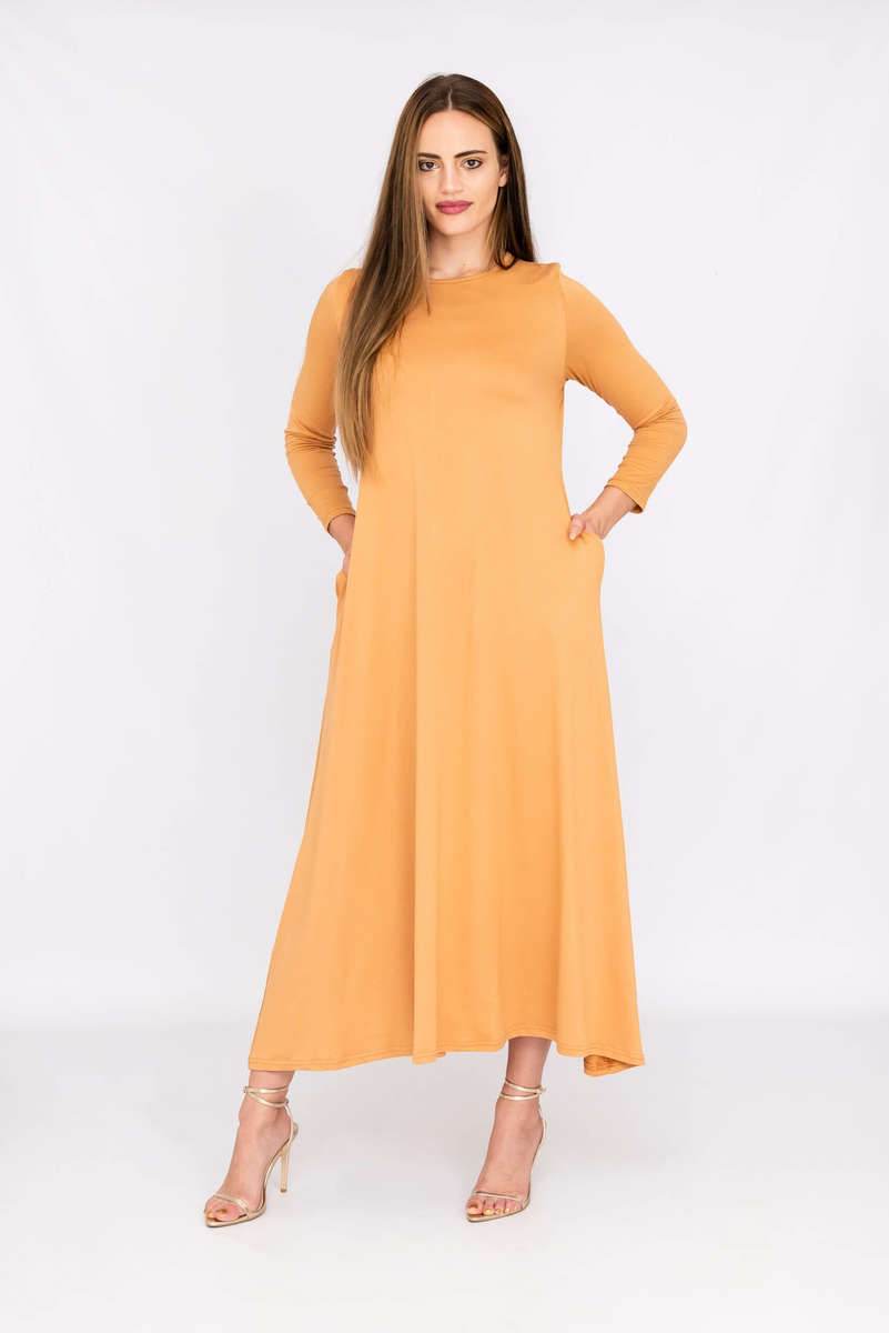 Madilyn Women's Casual Long Sleeves Maxi Dress With Pockets Tan - XXL