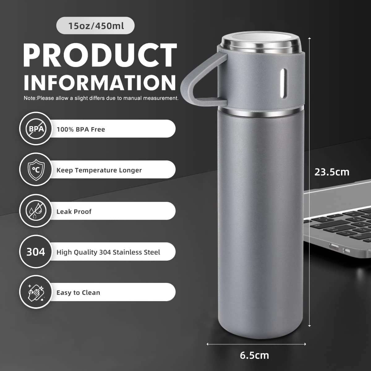 Thermos Vacuum Double Wall Of Stainless Steel Flask Set With 3 Cups 500ml