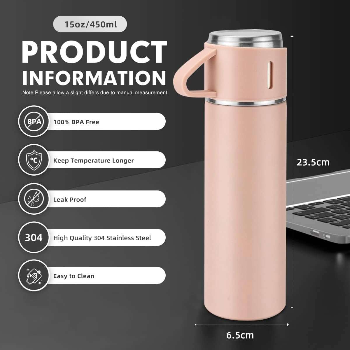 Thermos Vacuum Double Wall Of Stainless Steel Flask Set With 3 Cups 500ml