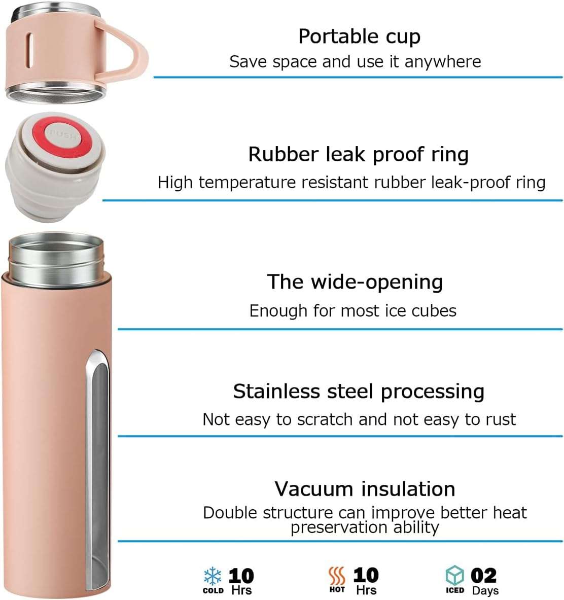 Thermos Vacuum Double Wall Of Stainless Steel Flask Set With 3 Cups 500ml