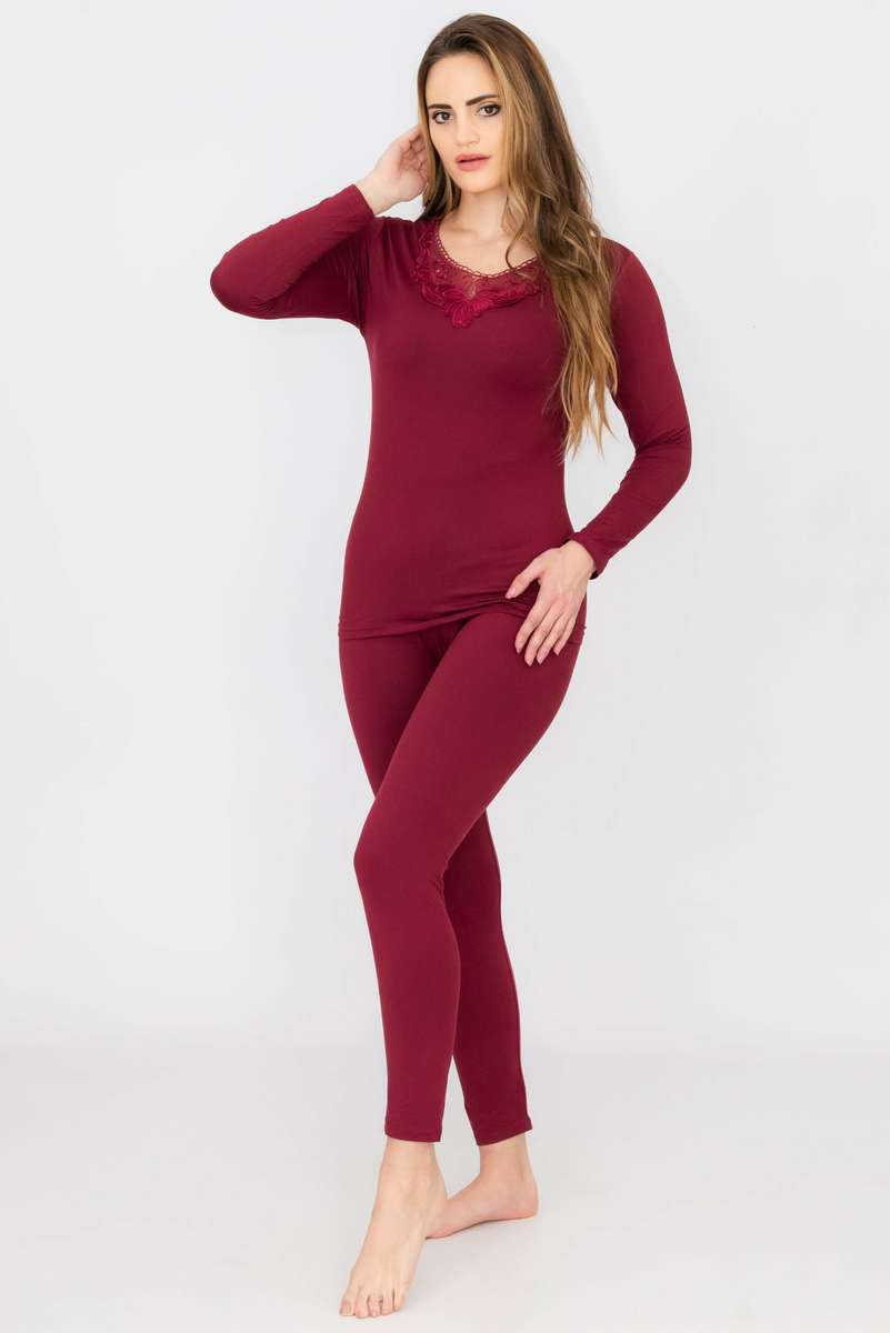 Womens Elegant Lace Collar Thermal Silk Cotton Underwear Pyjama Spencer Set