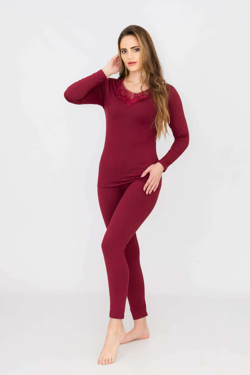 Womens Elegant Lace Collar Thermal Silk Cotton Underwear Pyjama Spencer Set