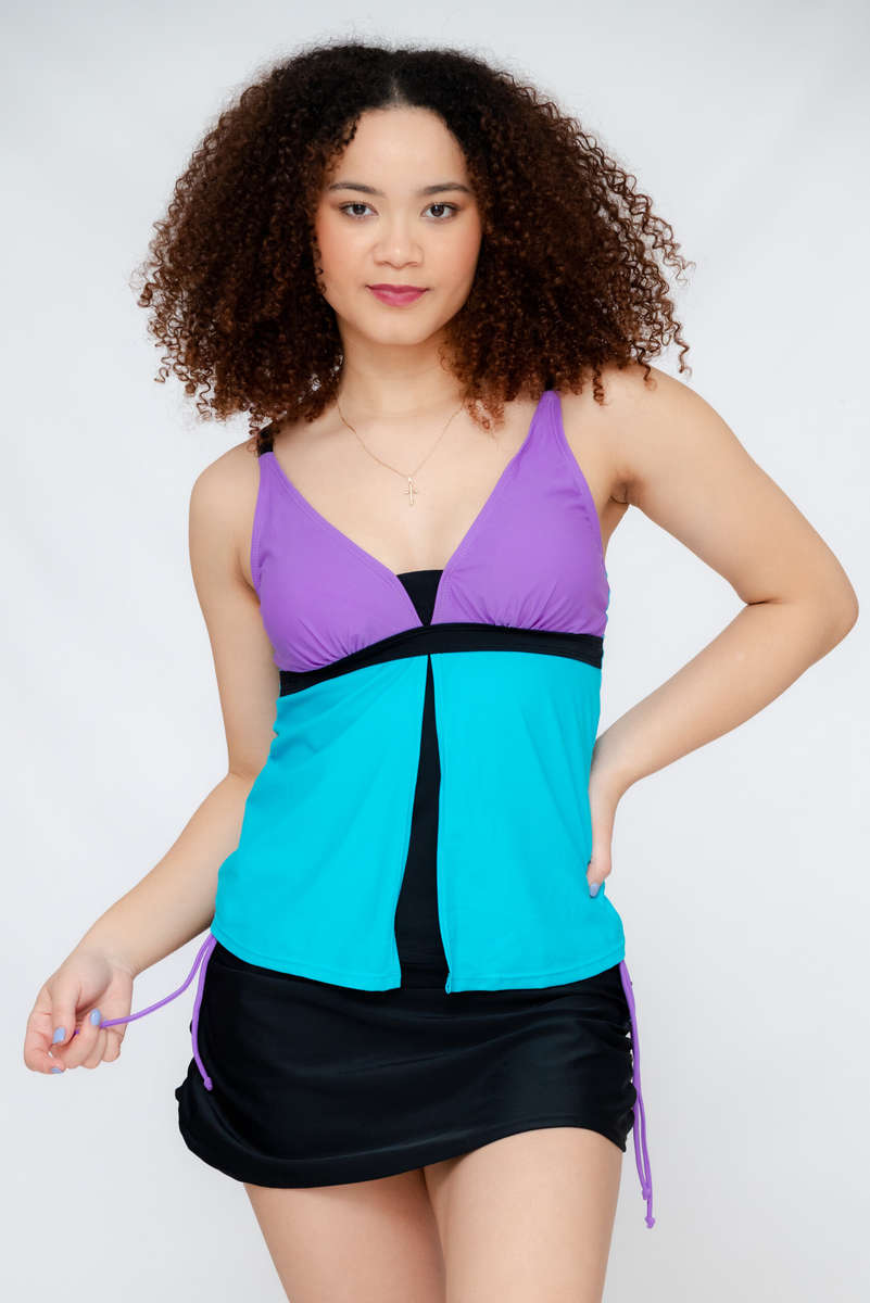 Printed Strappy Blouson Tankini Set with Skirt & Built in Underwear