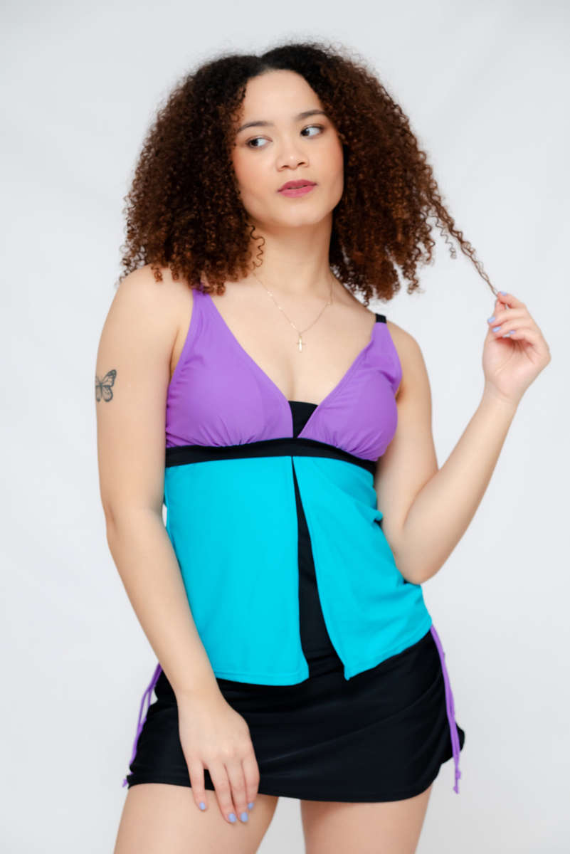 Printed Strappy Blouson Tankini Set with Skirt & Built in Underwear