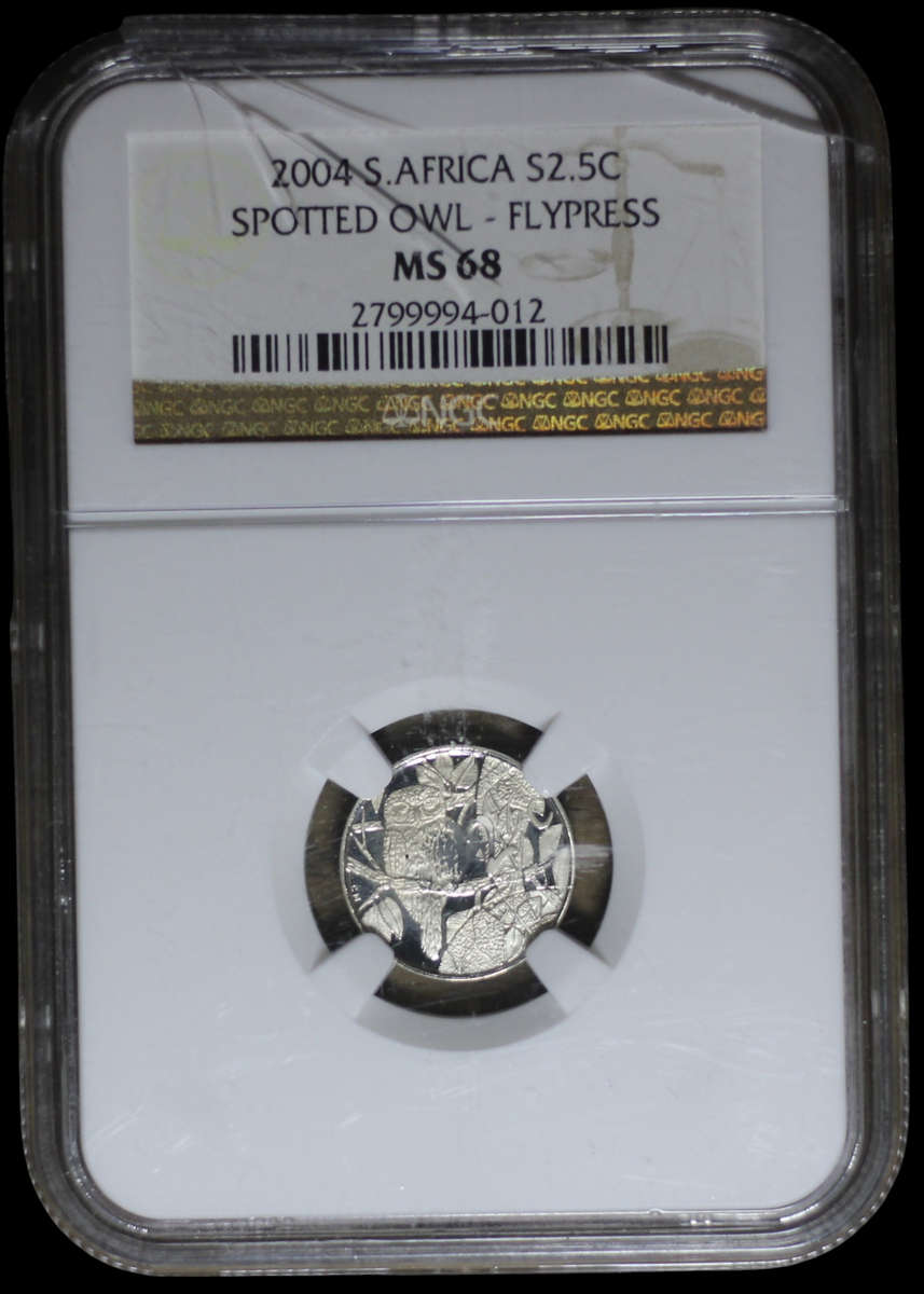 2004 *** Spotted Owl Flypress Silver 2.5c *** MS68 *** Broken capsule