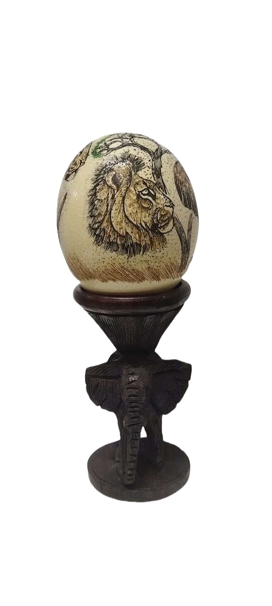 Hand-Carved Ostrich Egg with Wooden Stand  Unique Decor